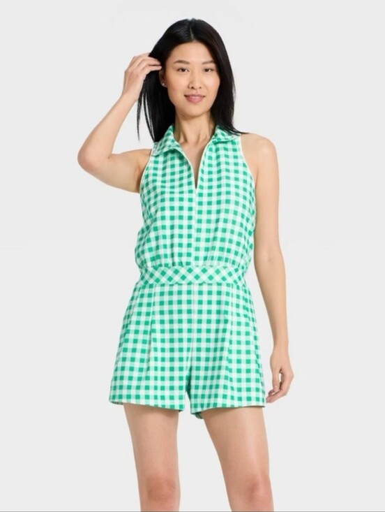 all in motion Pants - All In Motion Women's Sleeveless Knit Pleated Romper Green Gingham